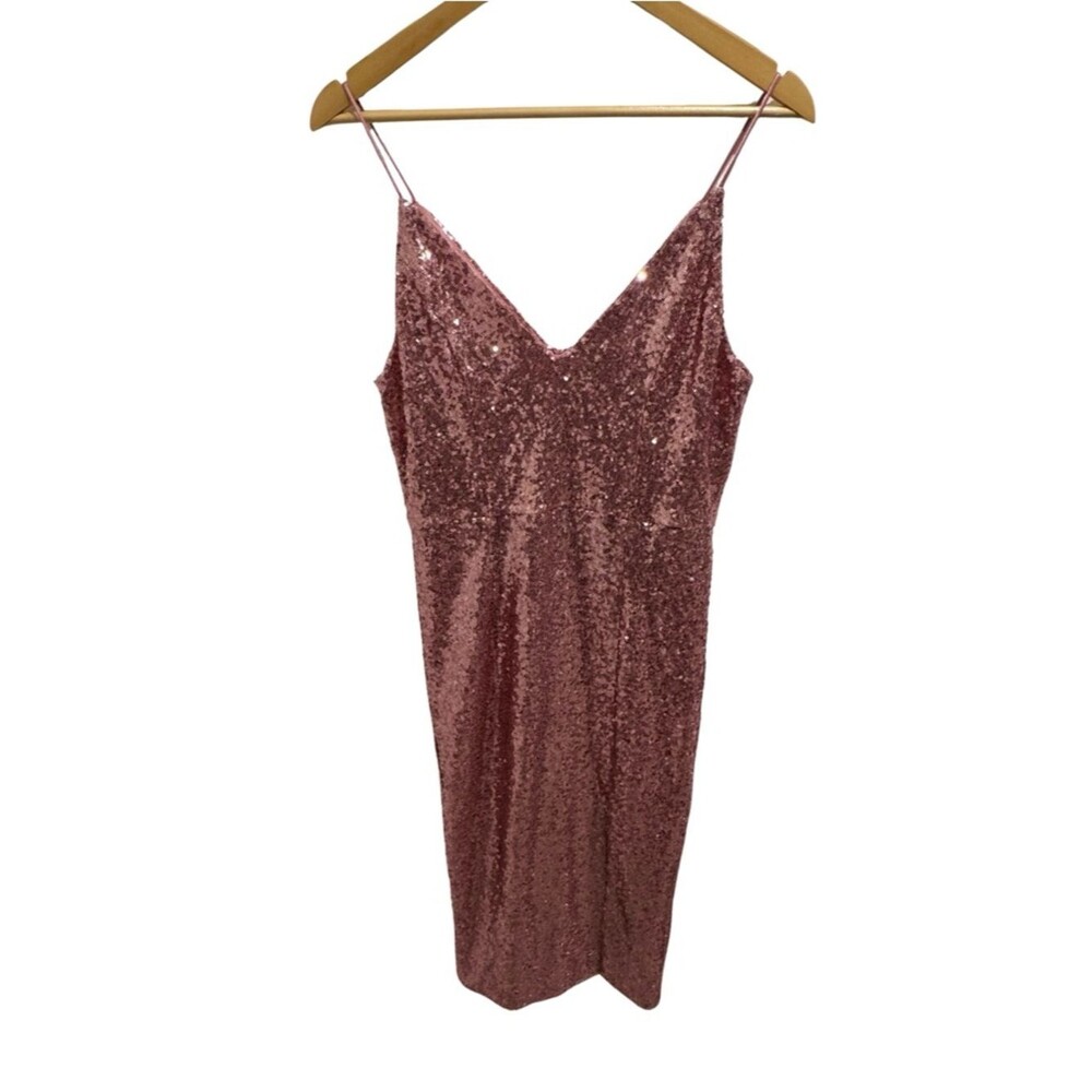 NWT Do+Be L Rose Gold Sequin V Neck Midi Dress Side Slit Formal Party